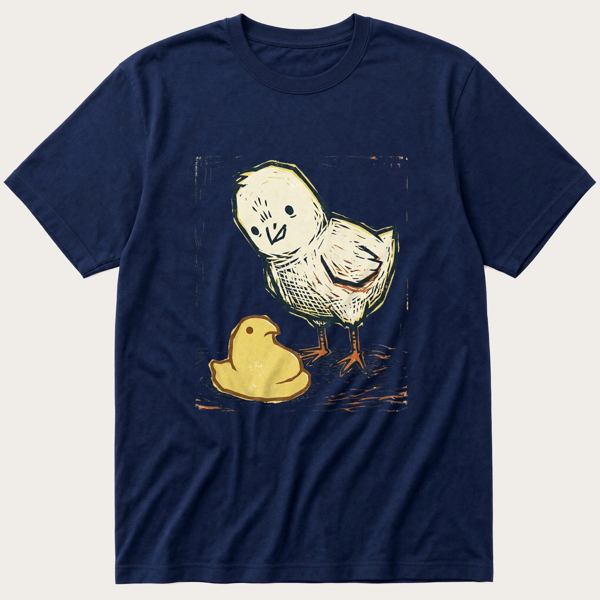 Chick Peep Woodcut — Navy T-Shirt