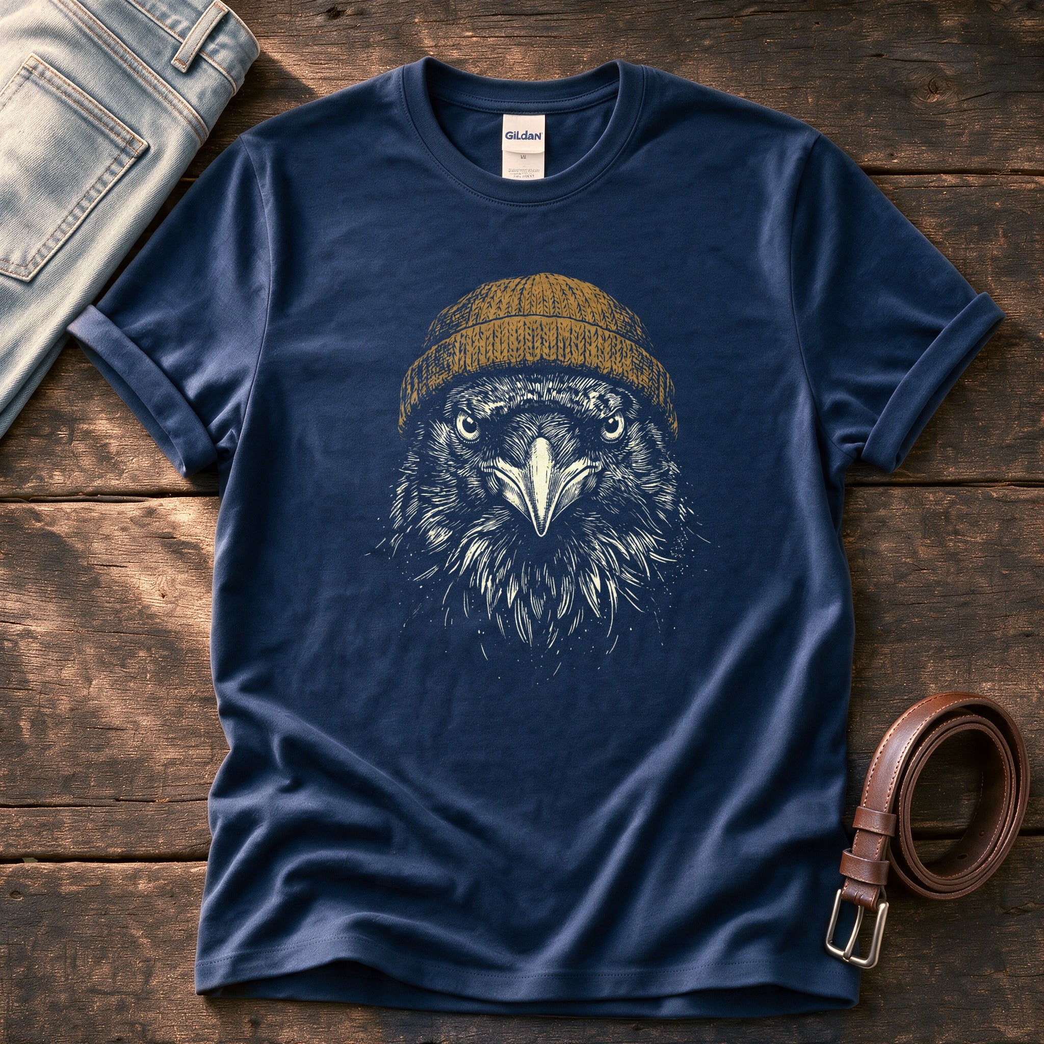 Crow Beanie 8 — Navy Comfort Colors tee