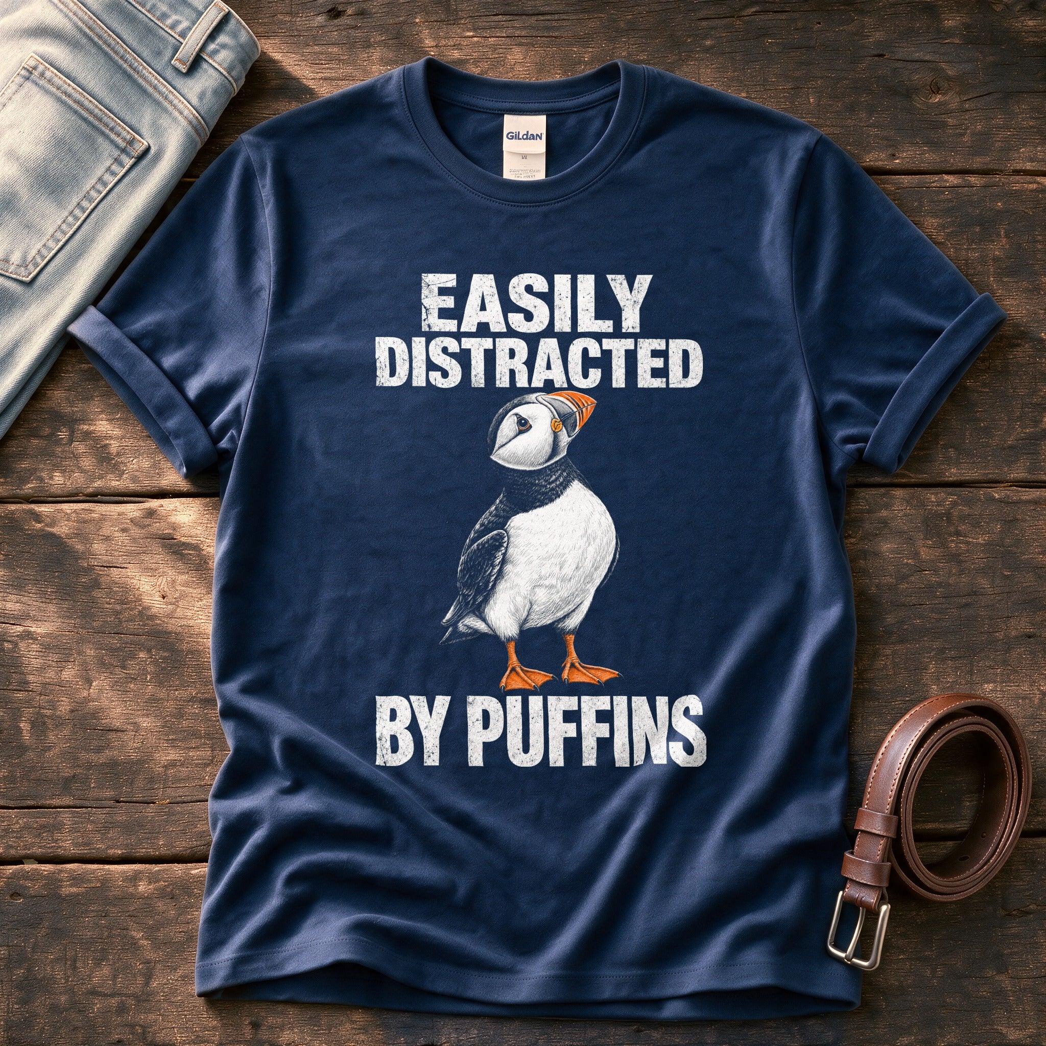 Distracted By Puffins — Navy Comfort Colors tee