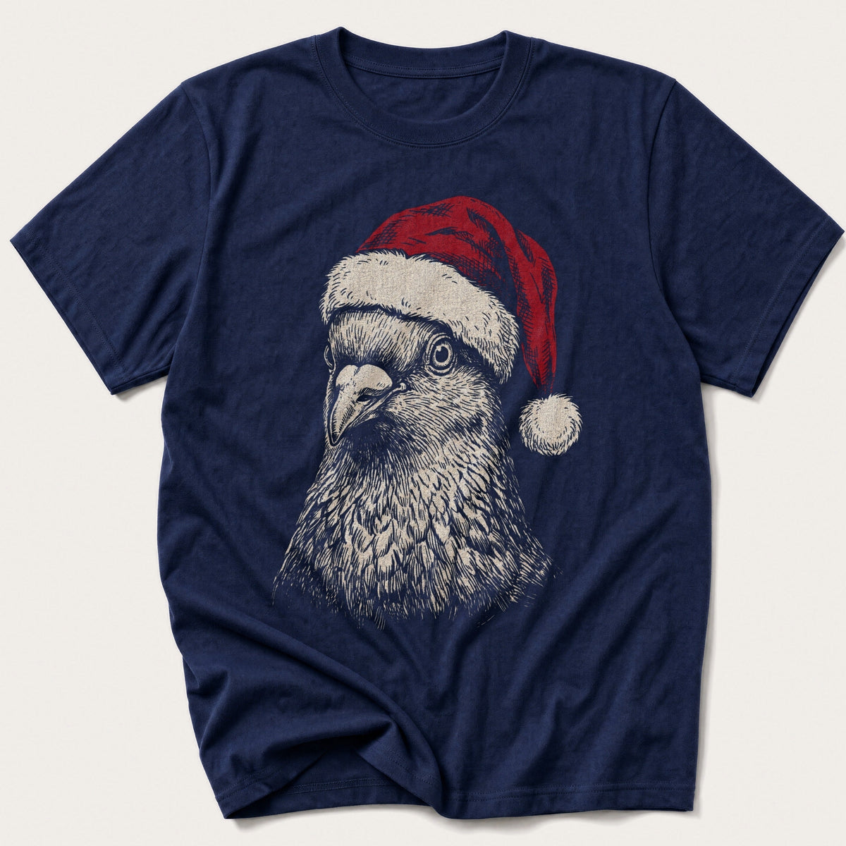 Etched Santa Pigeon Portrait — Navy T-Shirt