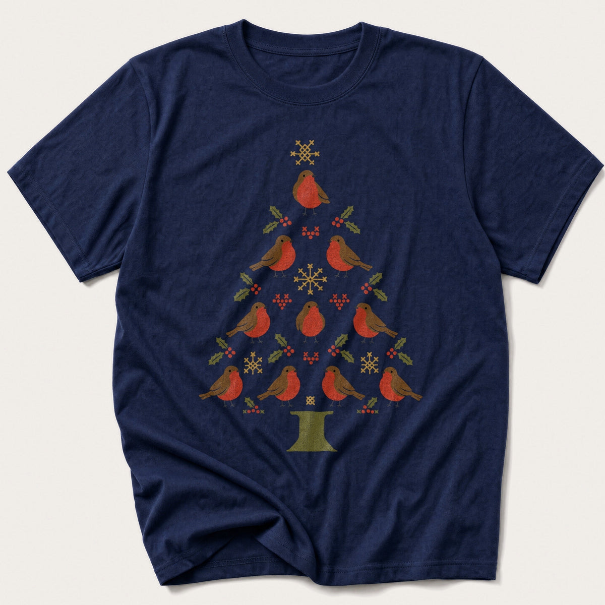 Folk Robin Christmas Tree — Navy T-Shirt