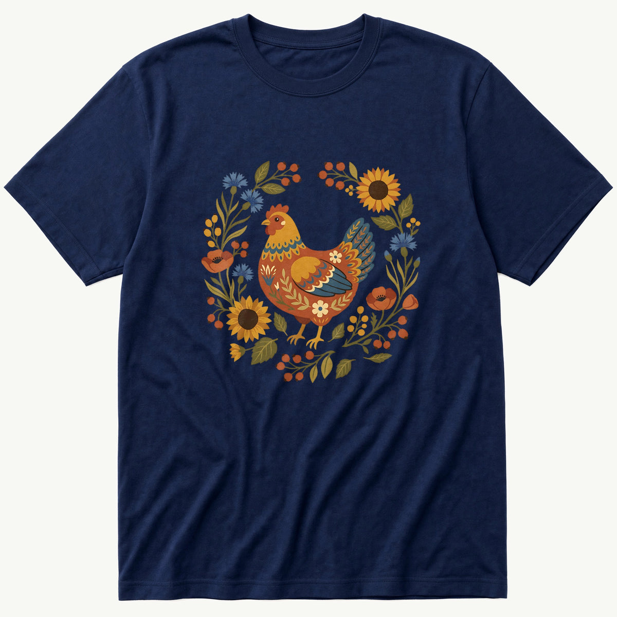 Folk Style Hen — Navy T-Shirt