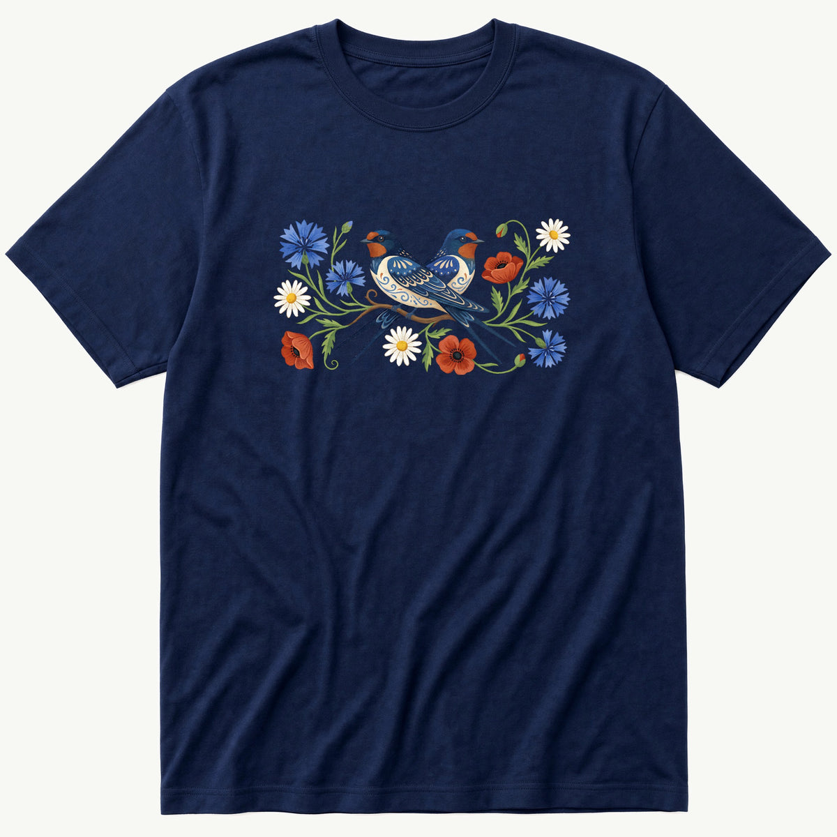 Folk Style Pair Of Swallows — Navy T-Shirt