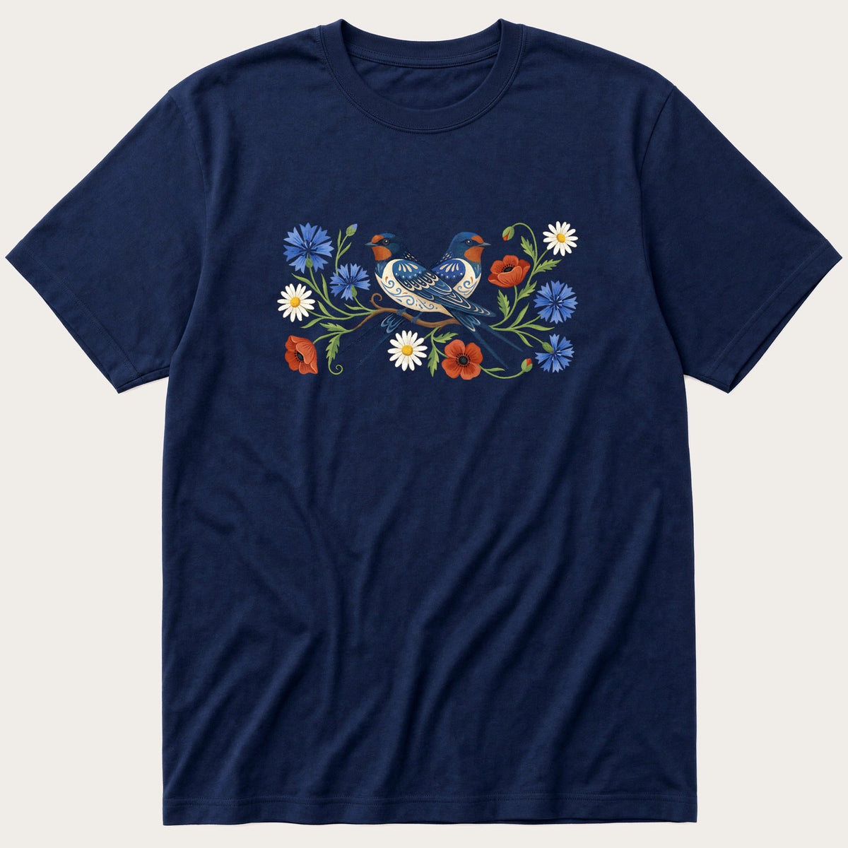 Folk Style Pair Of Swallows — Navy T-Shirt