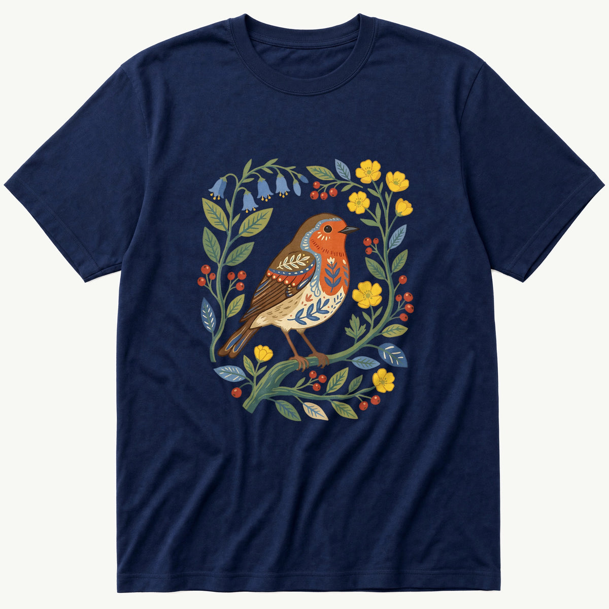 Folk Style Robin — Navy T-Shirt