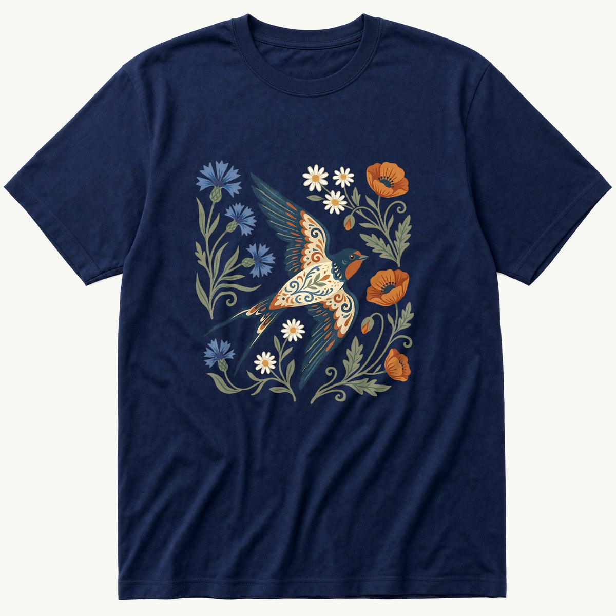 Folk Style Swallow — Navy T-Shirt