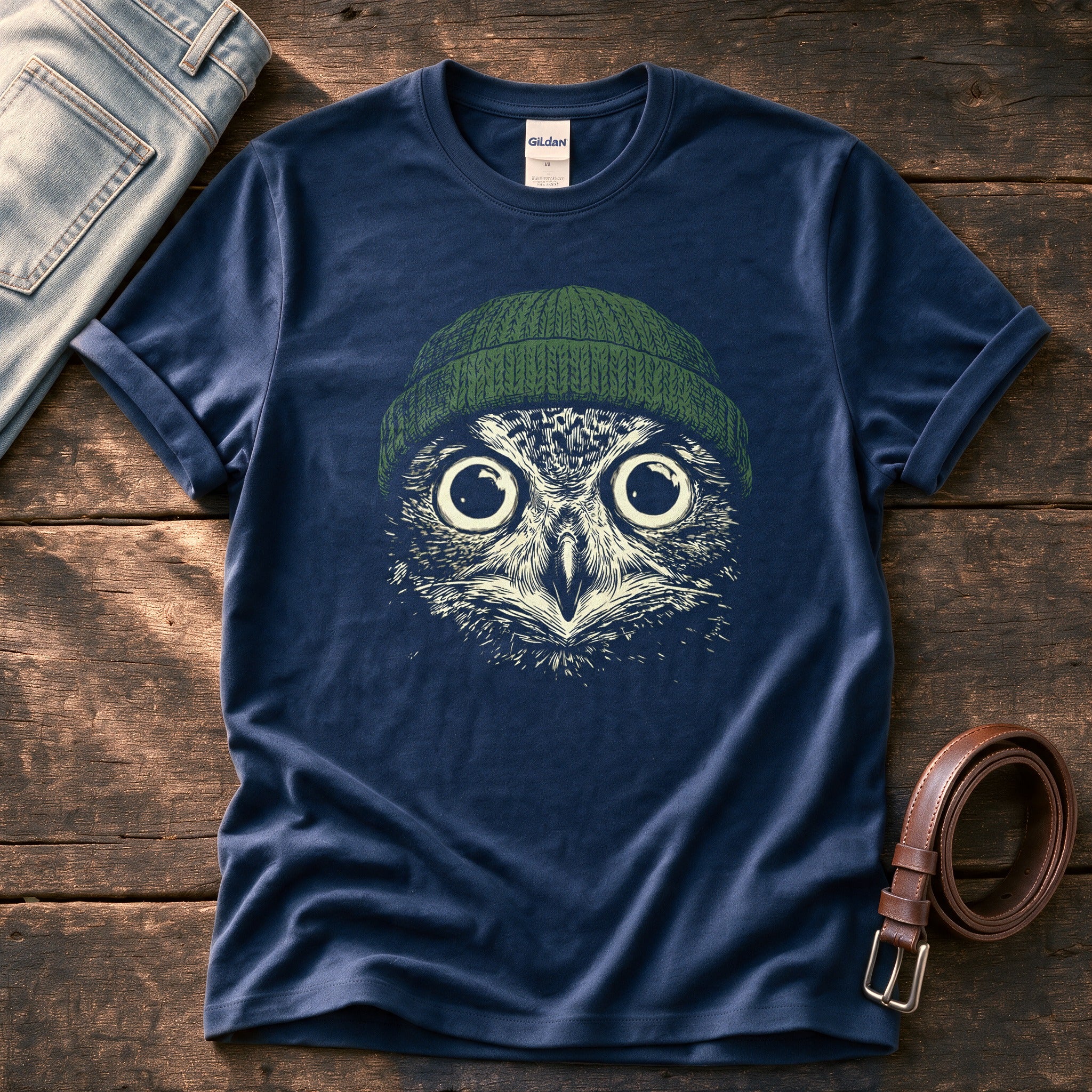 Green Beanie Owl — Navy Comfort Colors tee