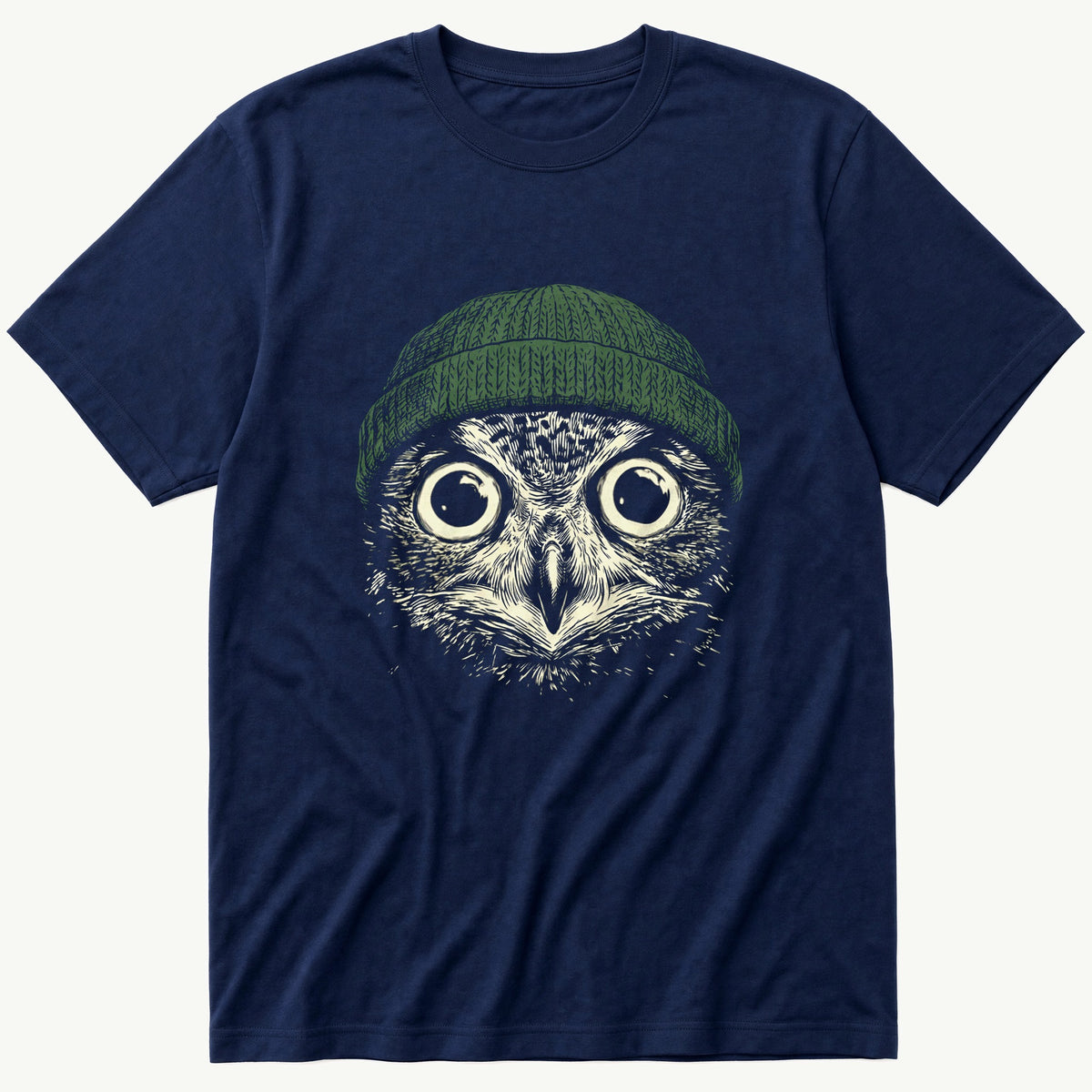 Green Beanie Owl — Navy T-Shirt