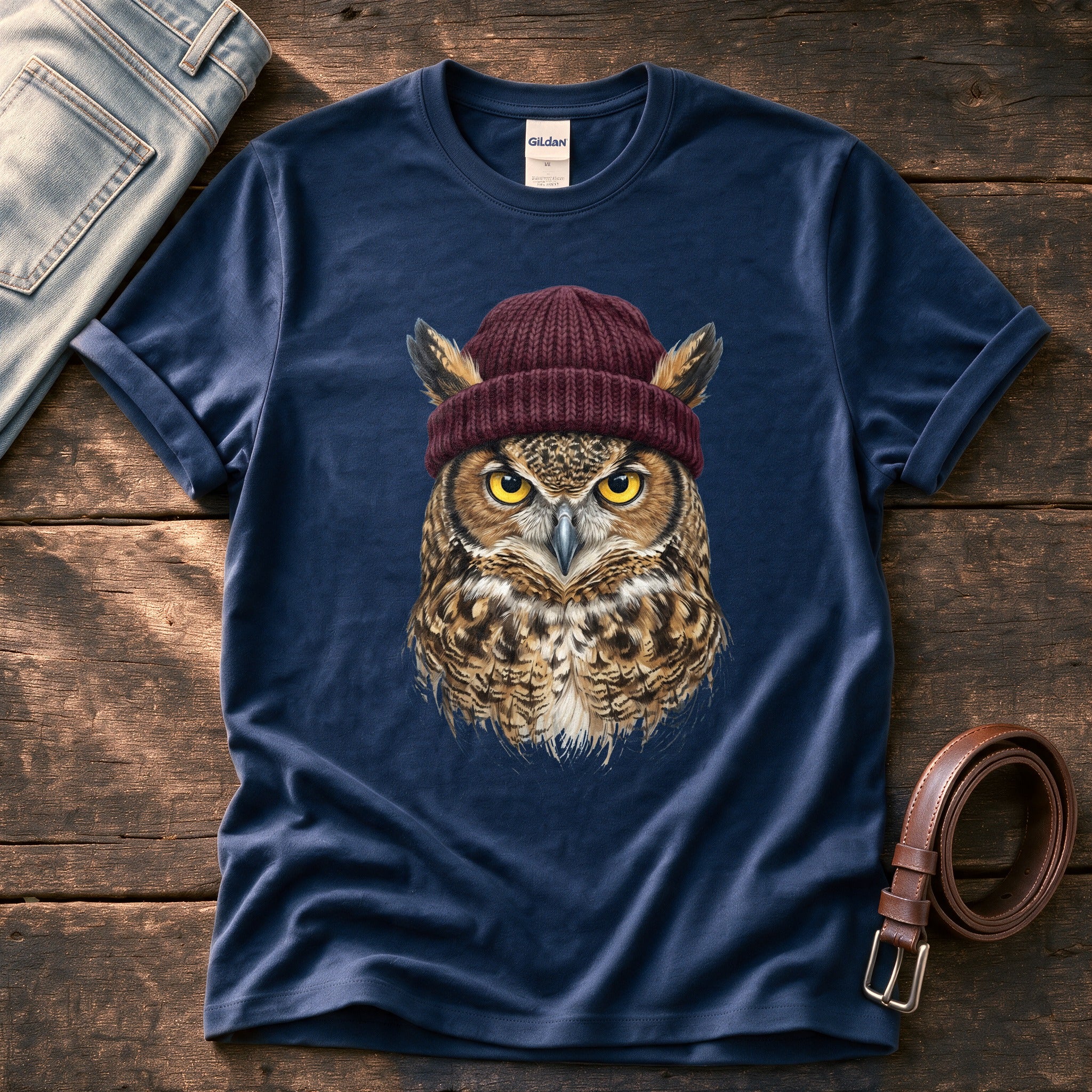 Owl Wool Hat 3 — Navy Comfort Colors tee