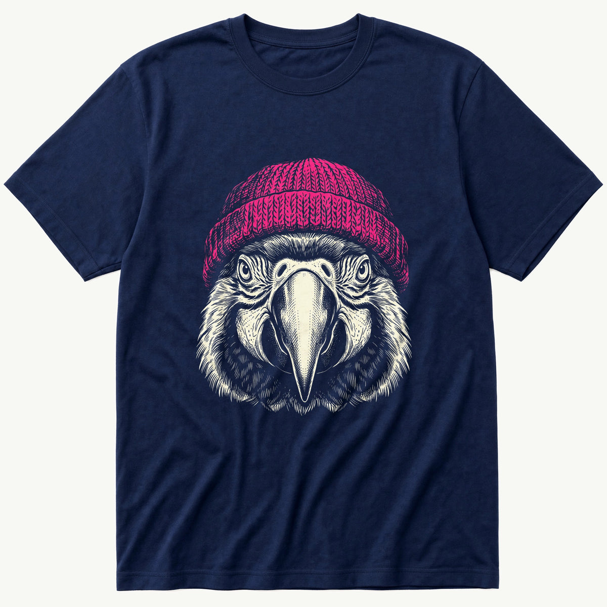 Parrot Wearing Beanie — Navy T-Shirt