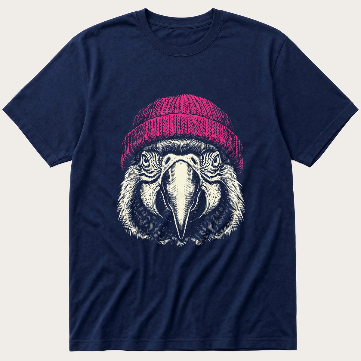 Parrot Wearing Beanie — Navy T-Shirt