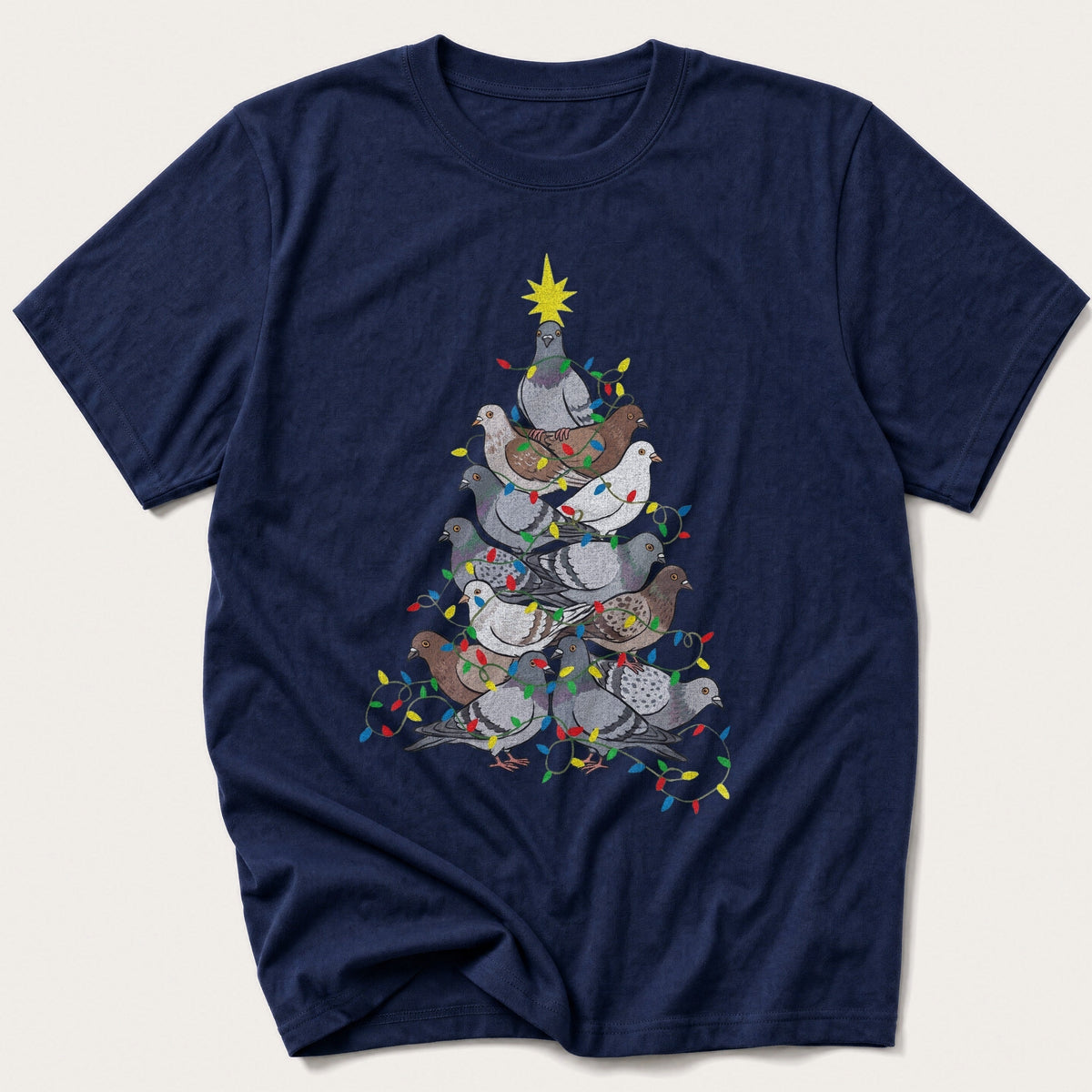 Pigeon Pile Christmas Tree — Navy T-Shirt