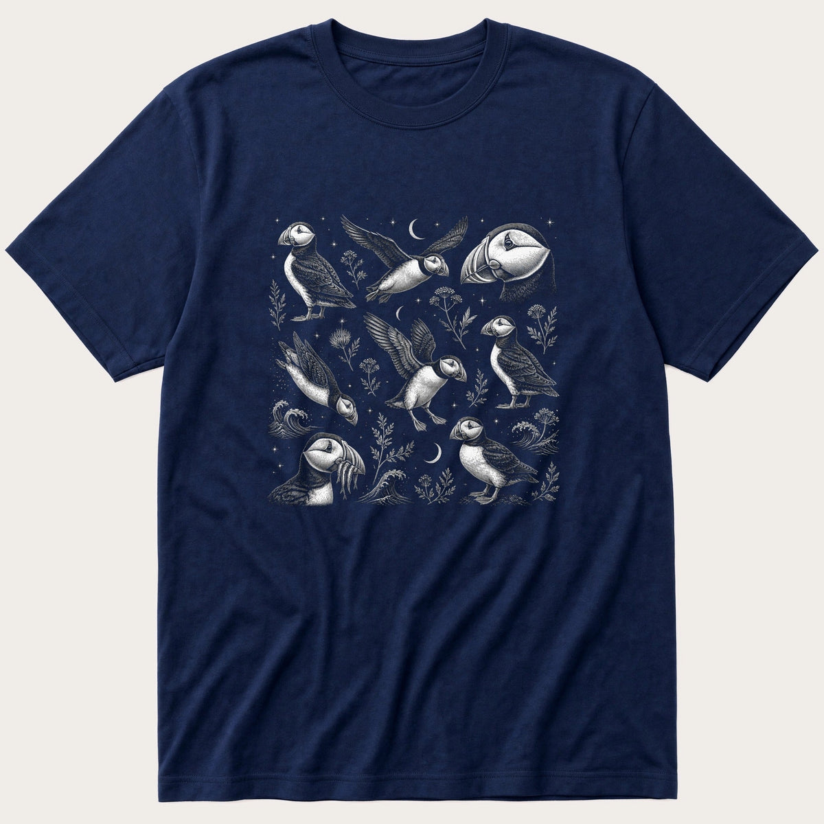 Puffin Allover Pattern - Fine Etching — Navy T-Shirt