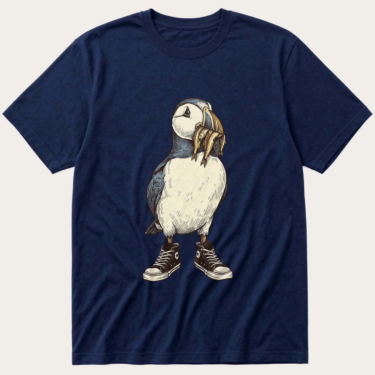 Puffin And Fish 77 — Navy T-Shirt