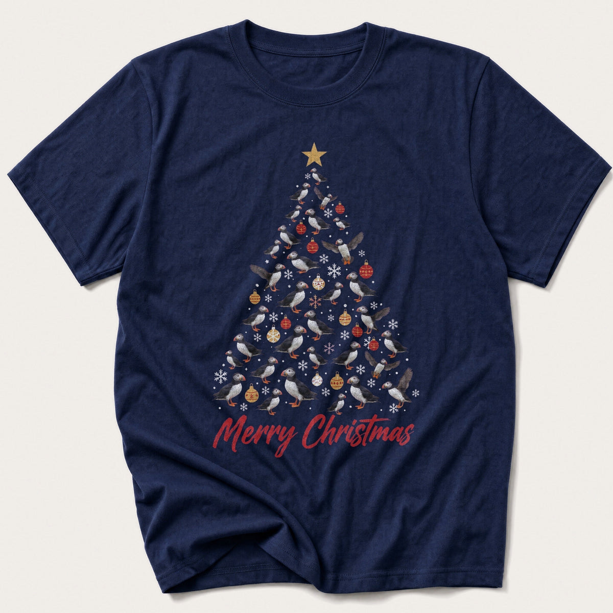 Puffin Christmas Tree — Navy T-Shirt