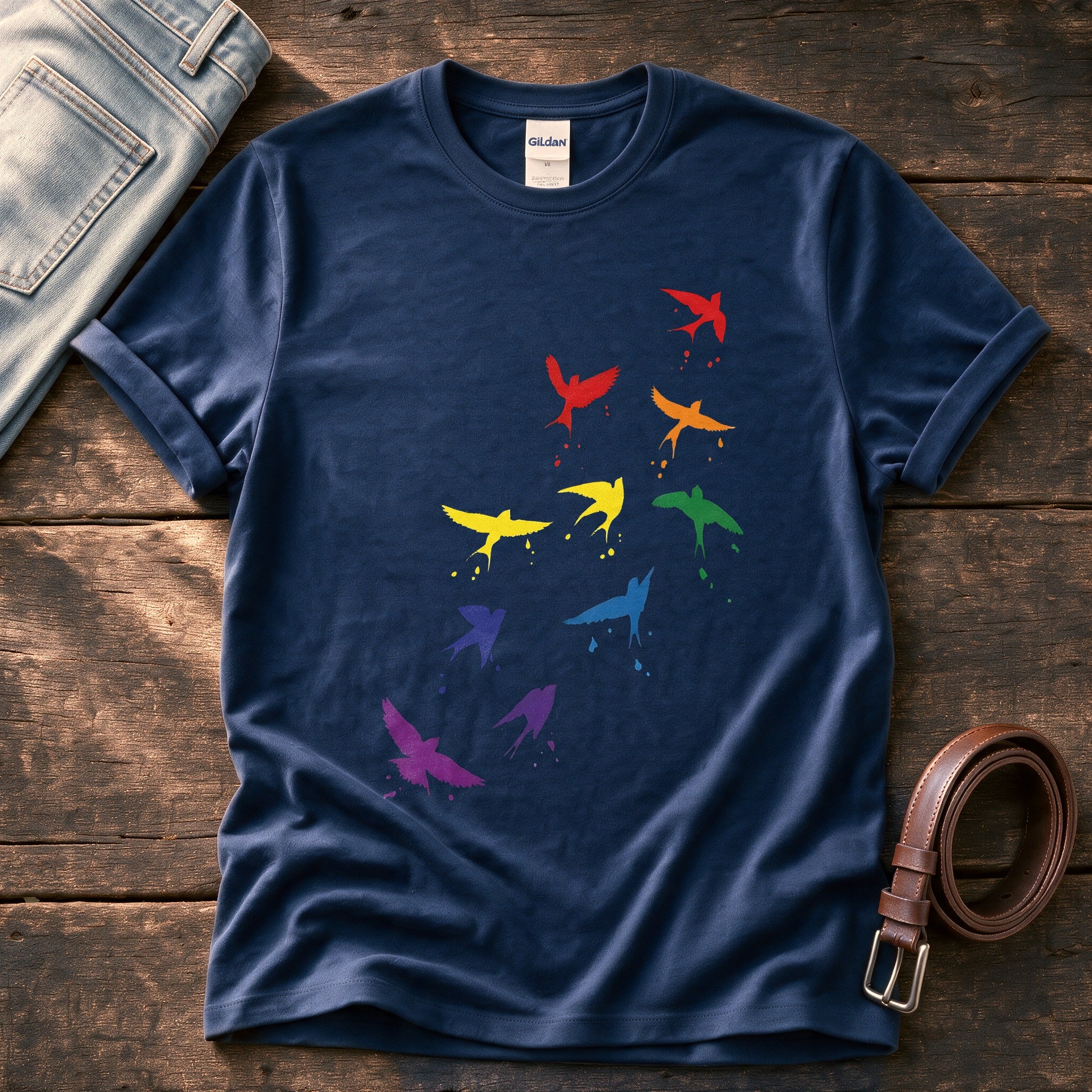 Rainbow birds — Navy Comfort Colors tee