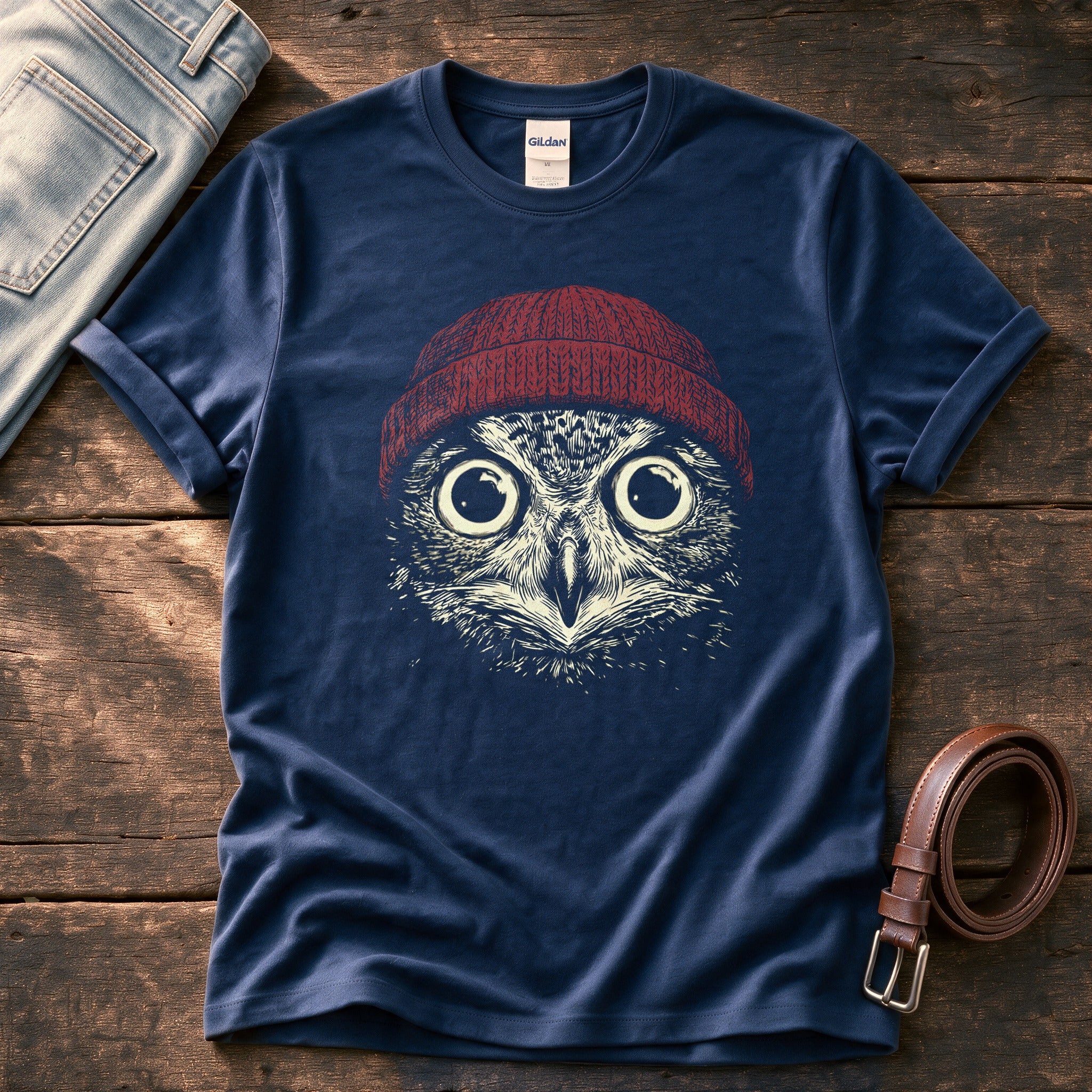 Red Beanie Owl — Navy Comfort Colors tee