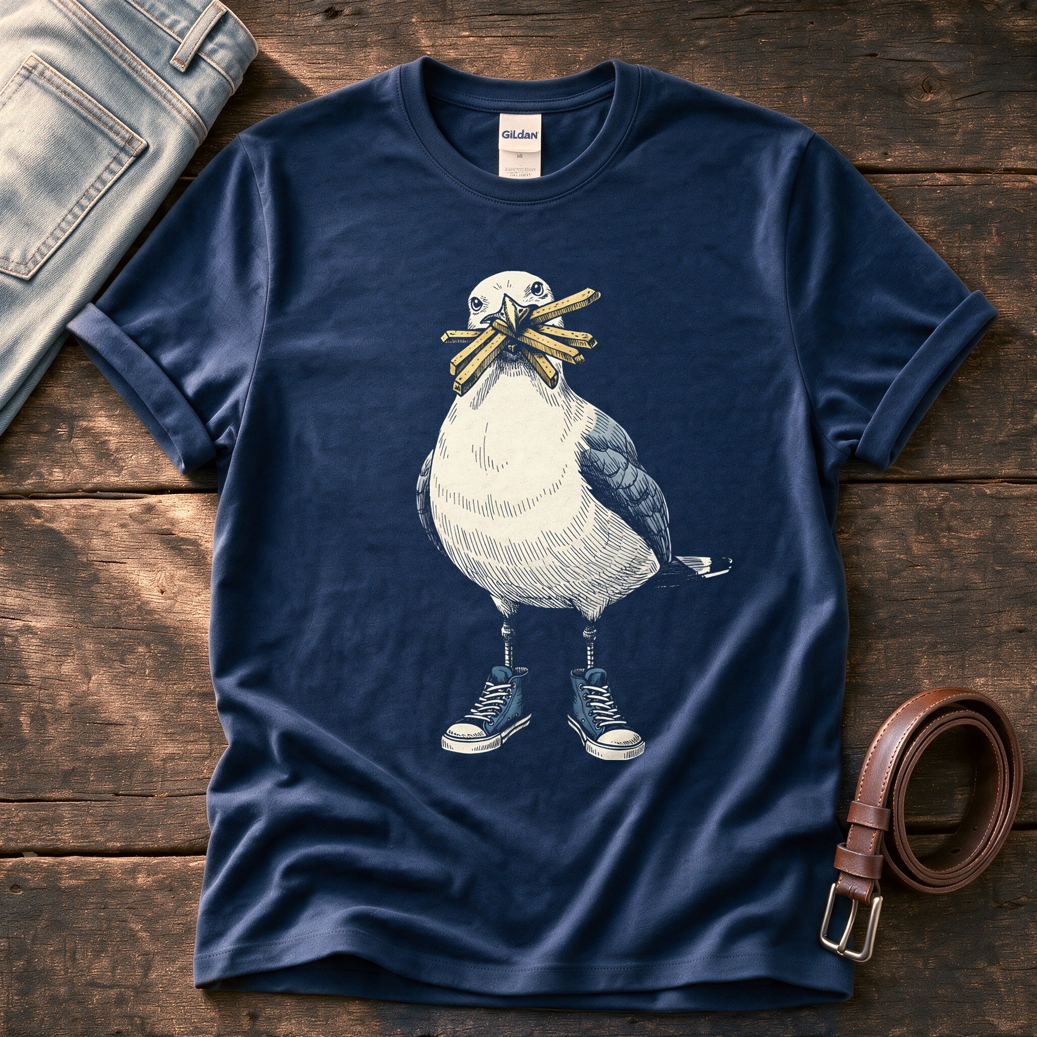 Seagull With Chips 2 — Navy Comfort Colors tee