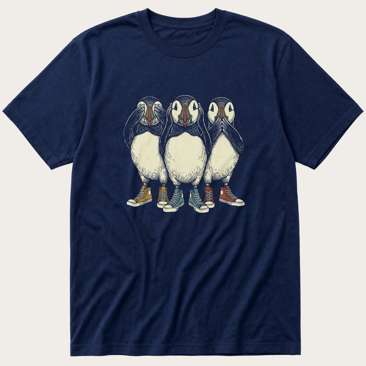 See Hear Speak Puffins 1 — Navy T-Shirt