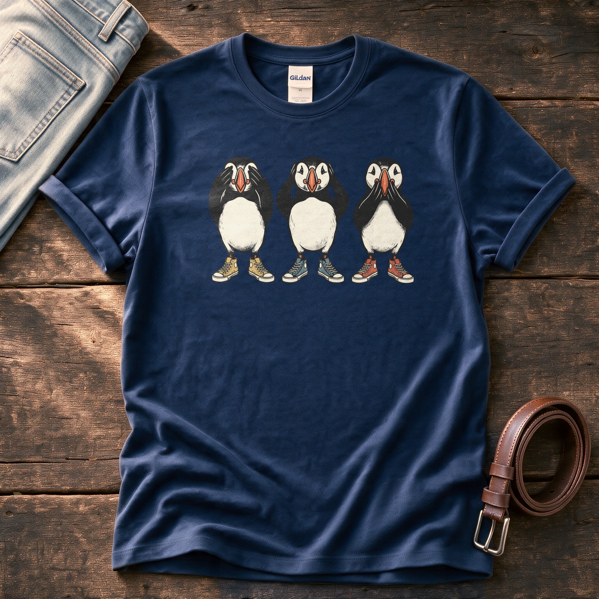 See Hear Speak Puffins 5 — Navy Comfort Colors tee