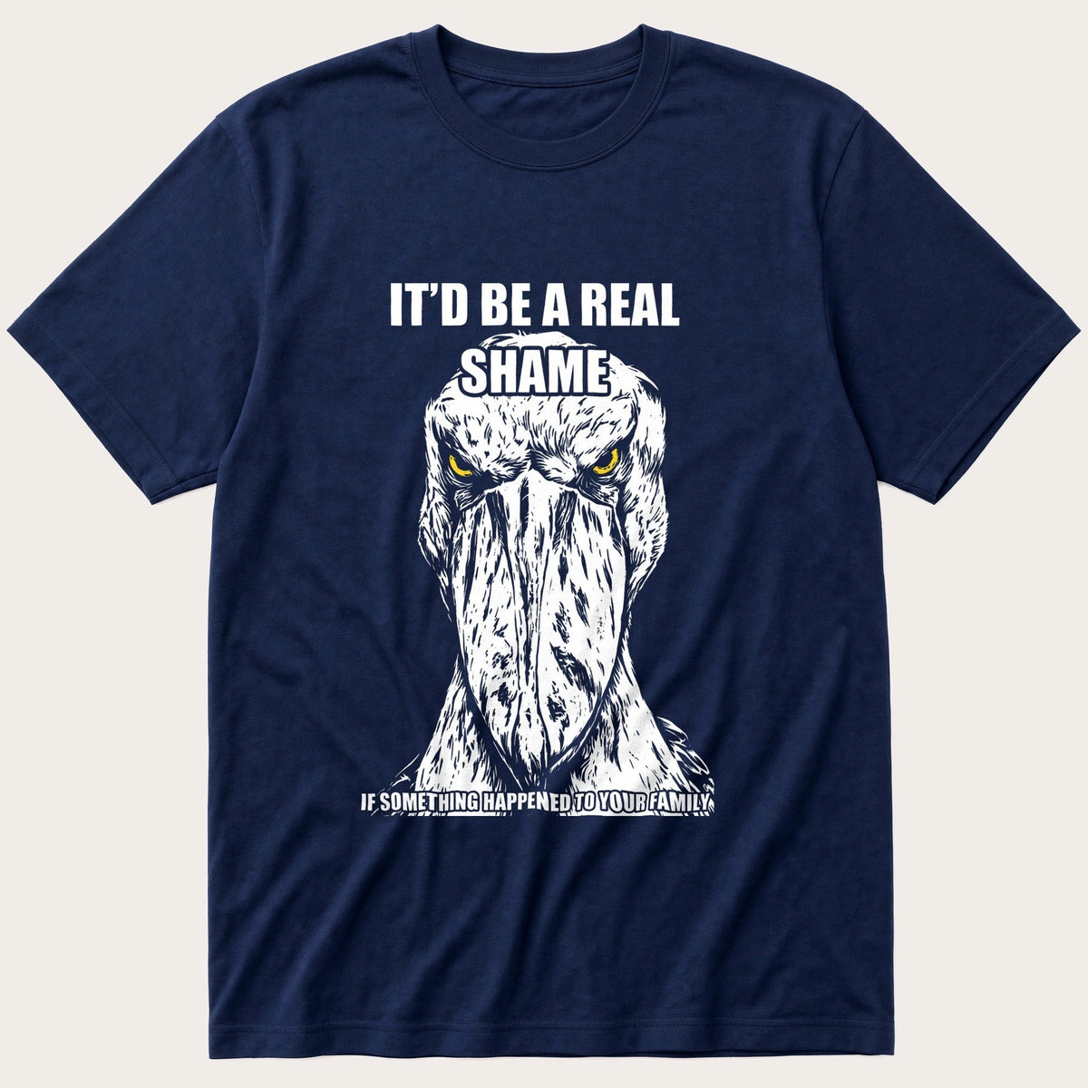 Shoebill Threat Linocut — Navy T-Shirt