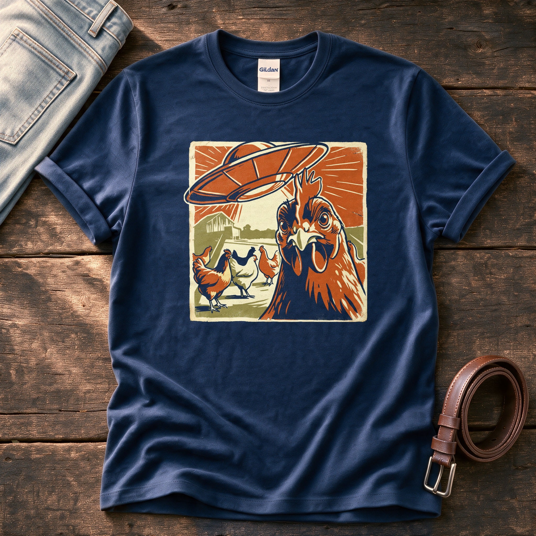 Spaceship Chicken 45 — Navy Comfort Colors tee