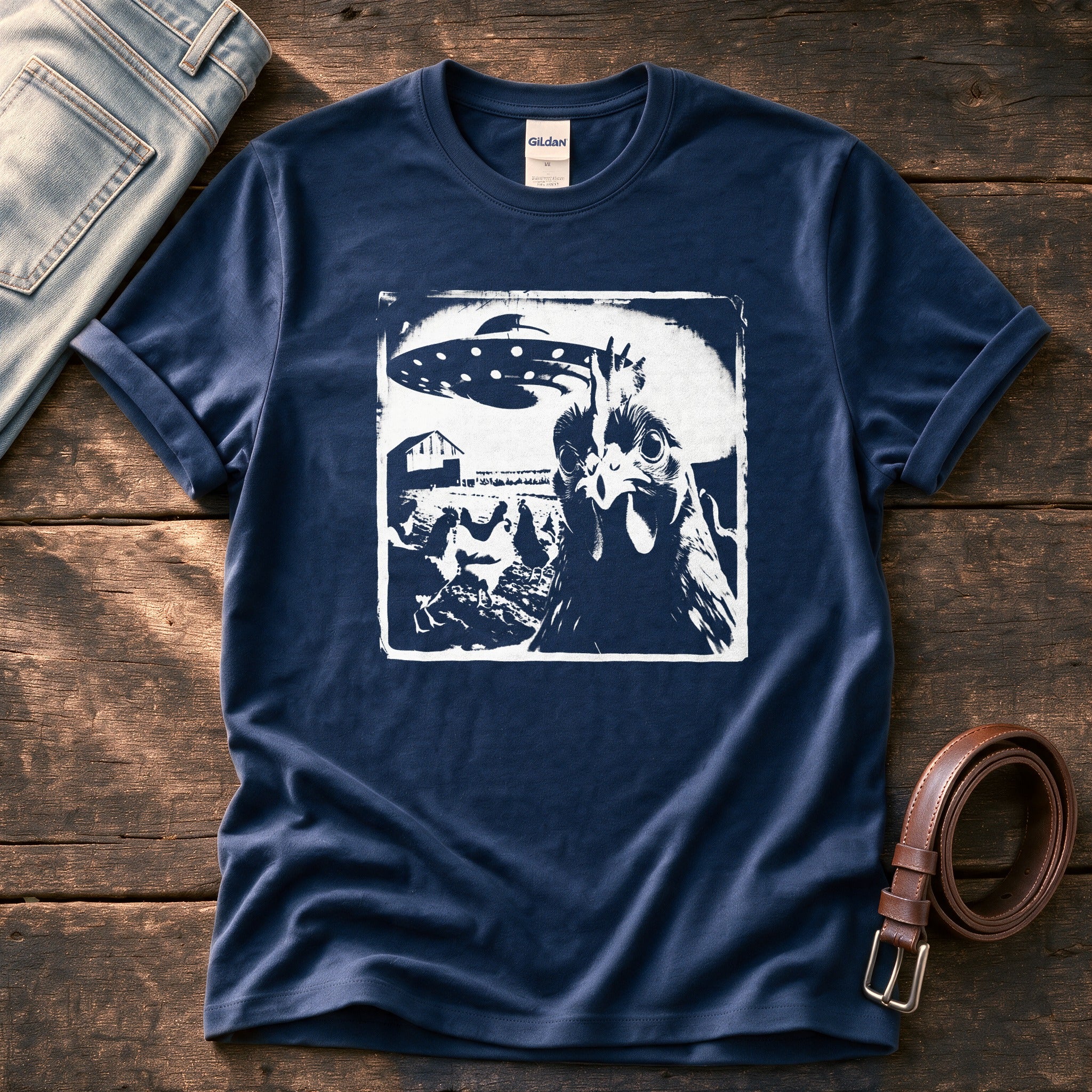 Spaceship Chicken 98 — Navy Comfort Colors tee