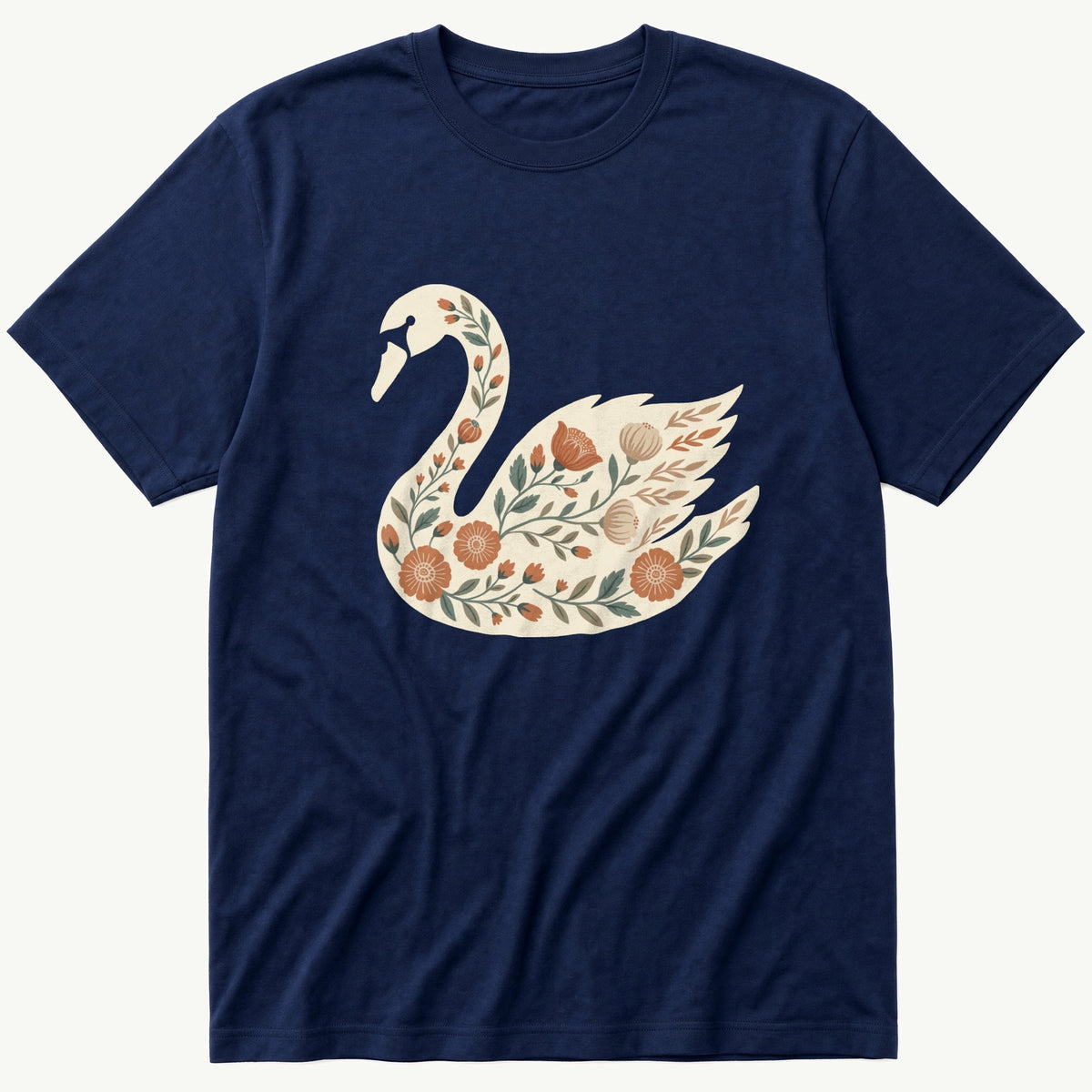Swan Floral Pattern — Navy T-Shirt