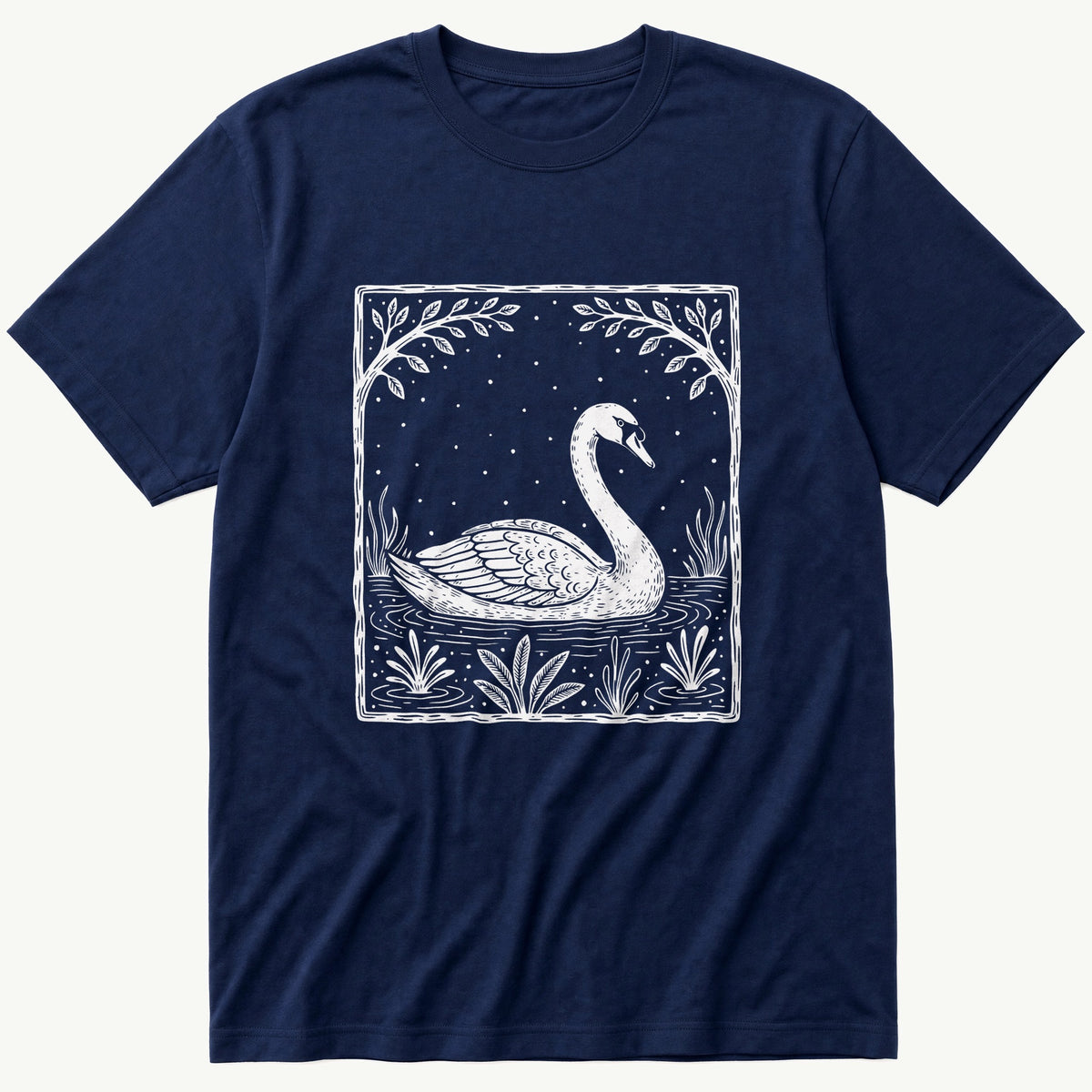 Swan WoodCut Print — Navy T-Shirt