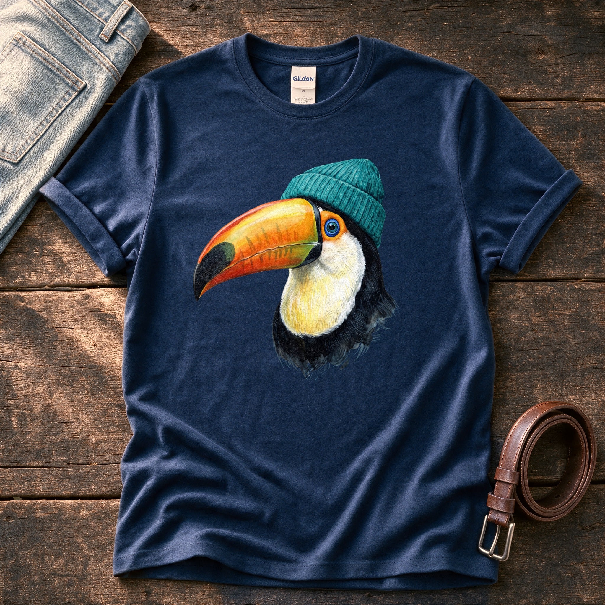 Toucan Beanie 33 — Navy Comfort Colors tee