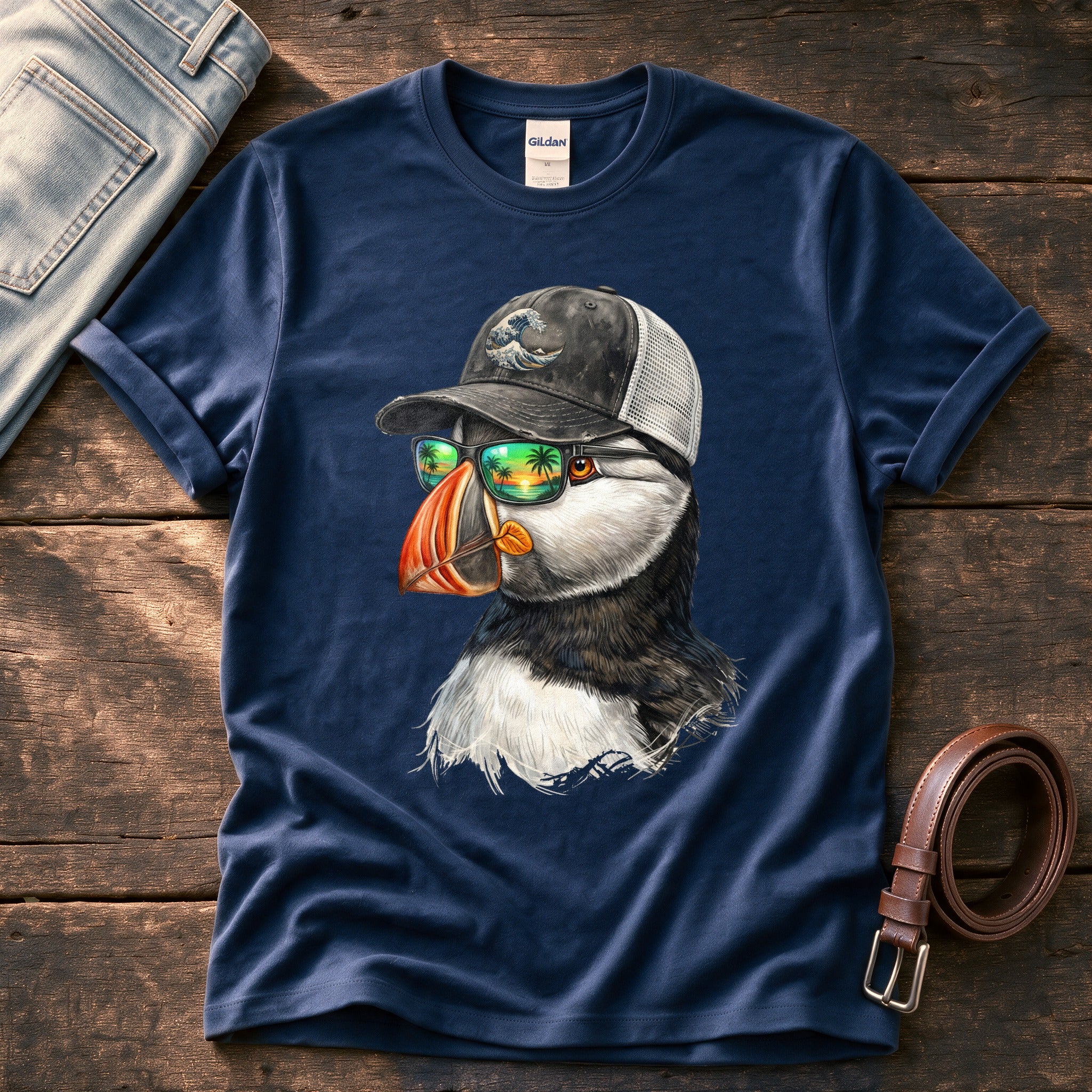 Trucker Puffin 1 — Navy Comfort Colors tee