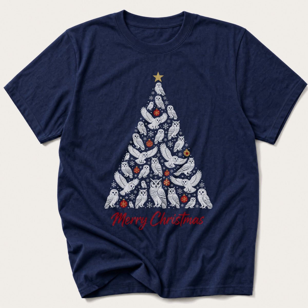 White Owl Christmas Tree — Navy T-Shirt