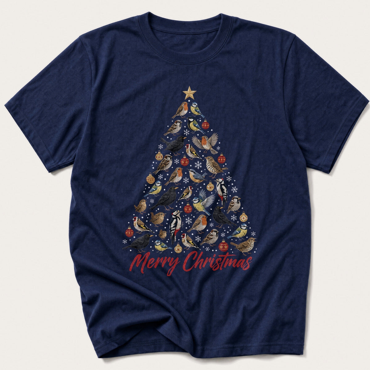 Winter Bird Christmas Tree — Navy T-Shirt
