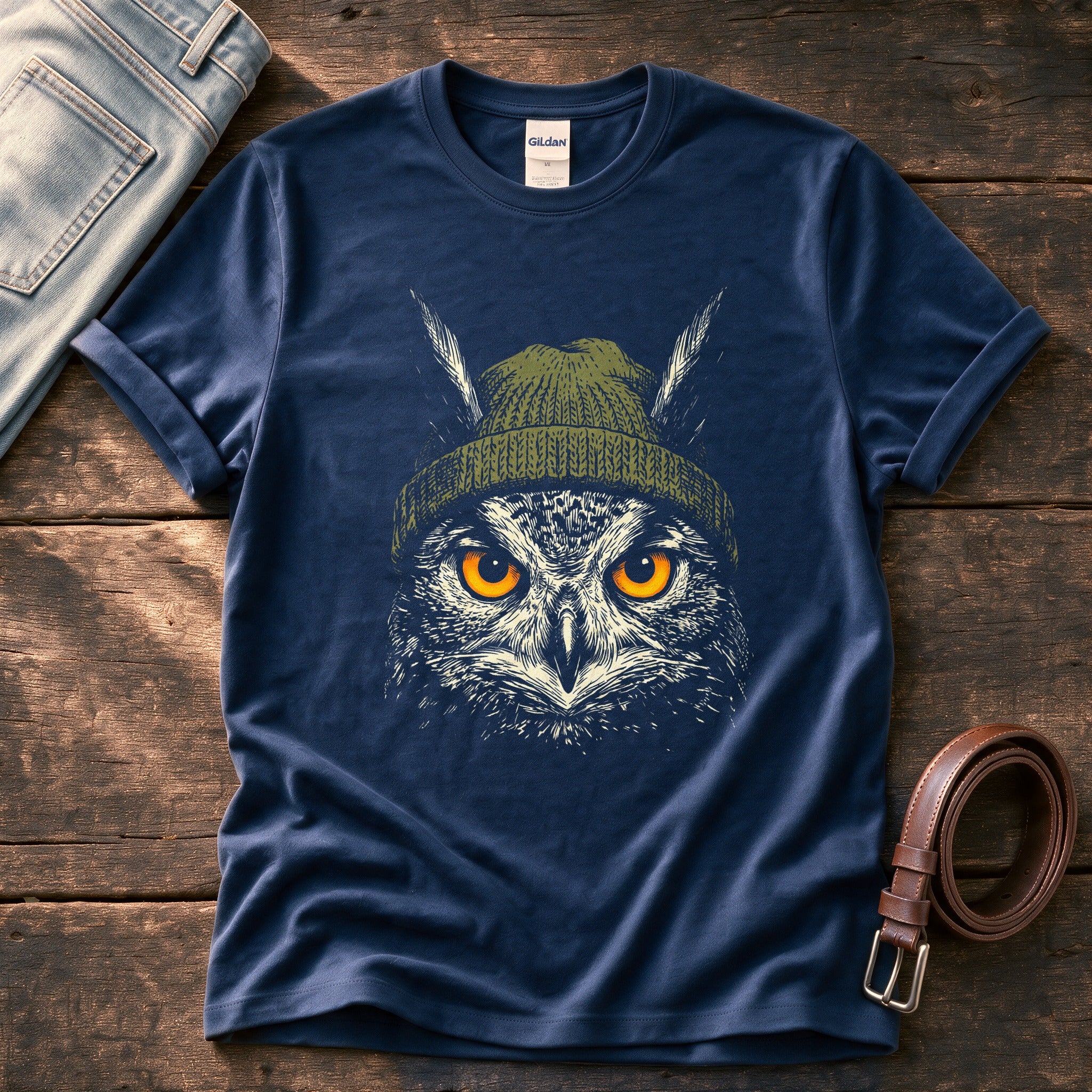 Woodland Owl Beanie 7 — Navy Comfort Colors tee