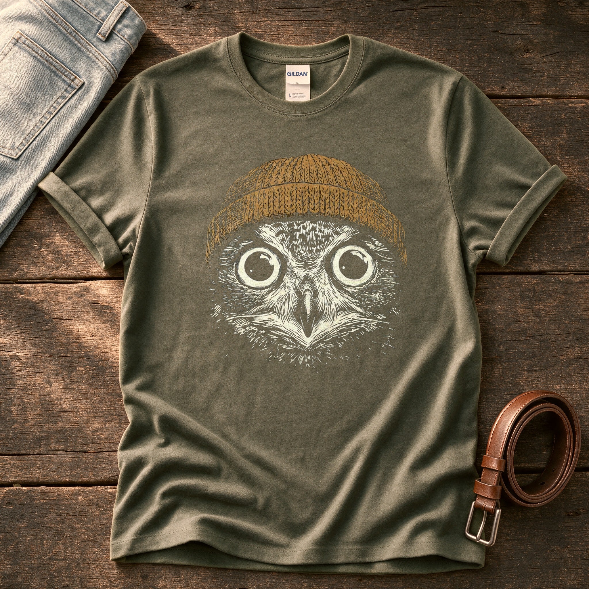 Beanie Owl 6 — Olive Comfort Colors tee
