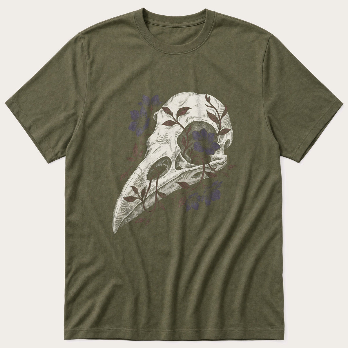 Bird Skull with Florals — Olive T-Shirt