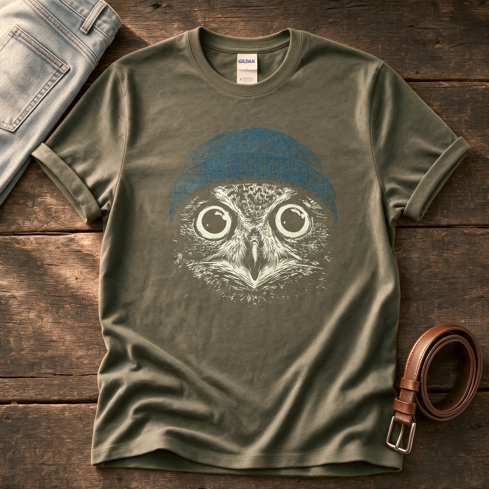 Blue Beanie Owl — Olive Comfort Colors tee