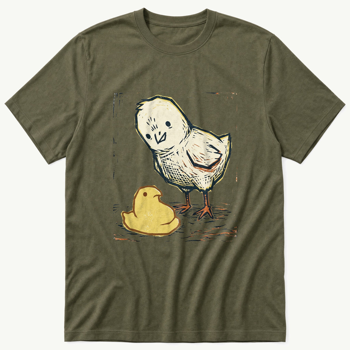 Chick Peep Woodcut — Olive T-Shirt