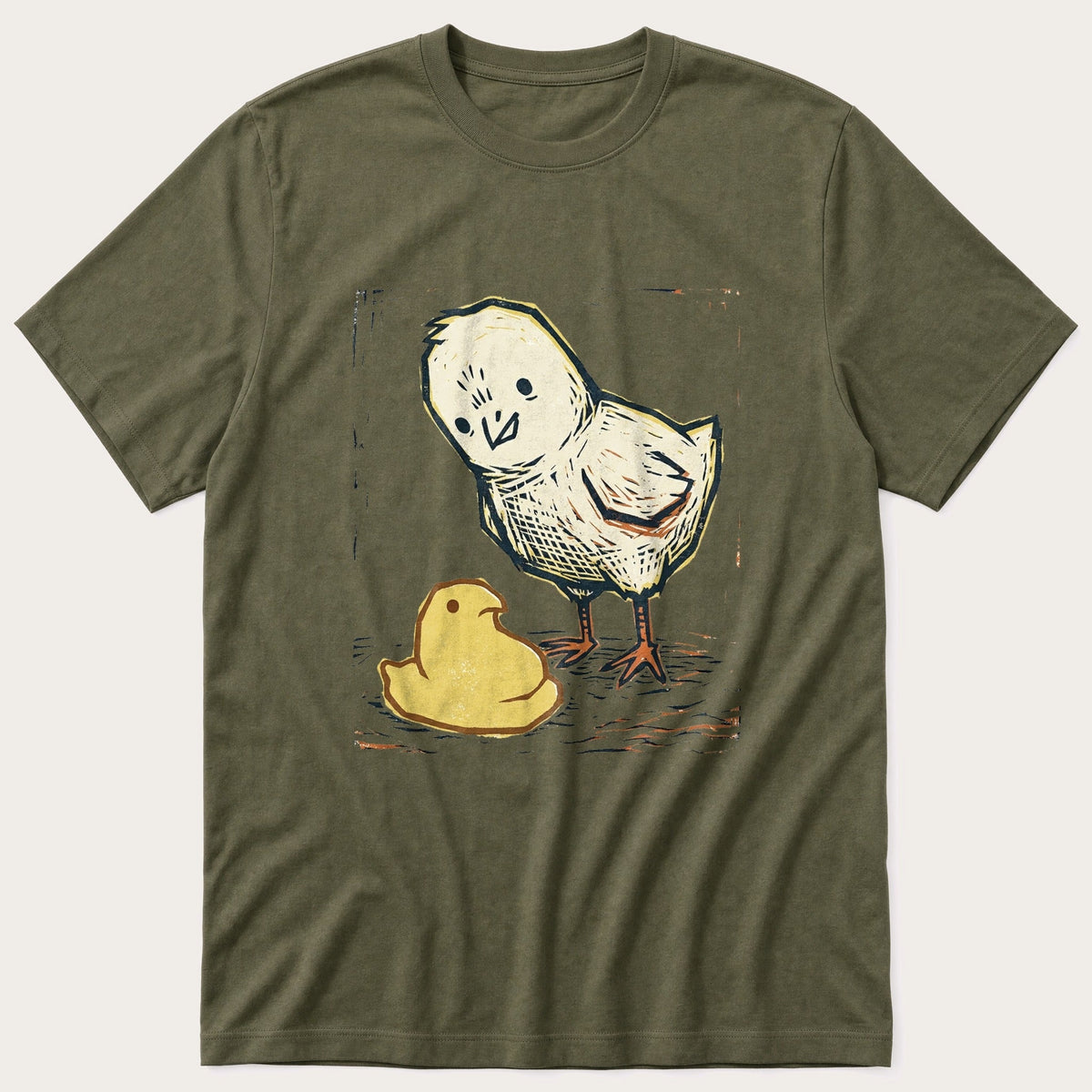 Chick Peep Woodcut — Olive T-Shirt