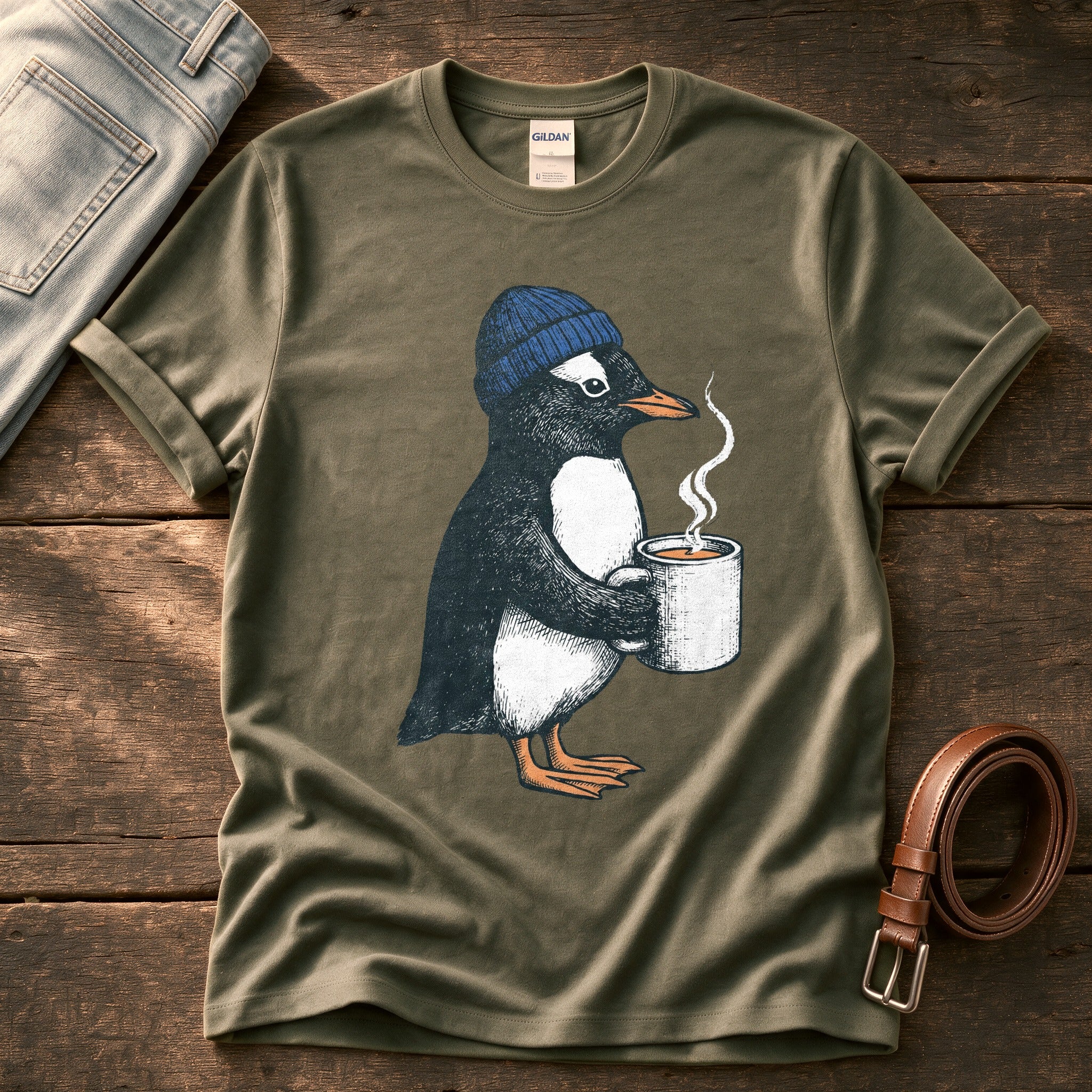 Coffee Penguin — Olive Comfort Colors tee