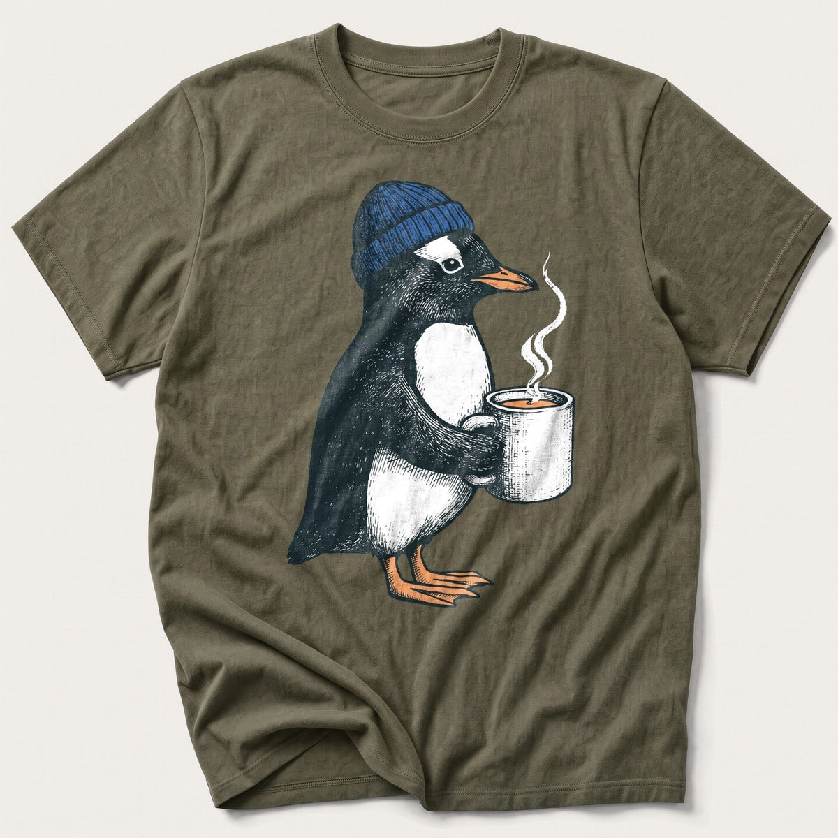 Coffee Penguin — Olive T-Shirt