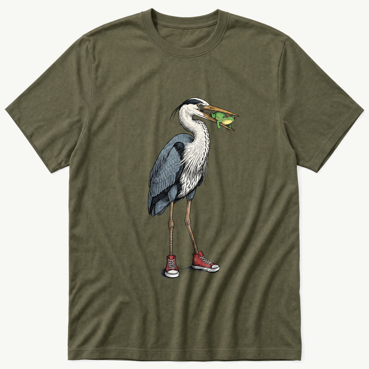 Crane With Frog 5 — Olive T-Shirt
