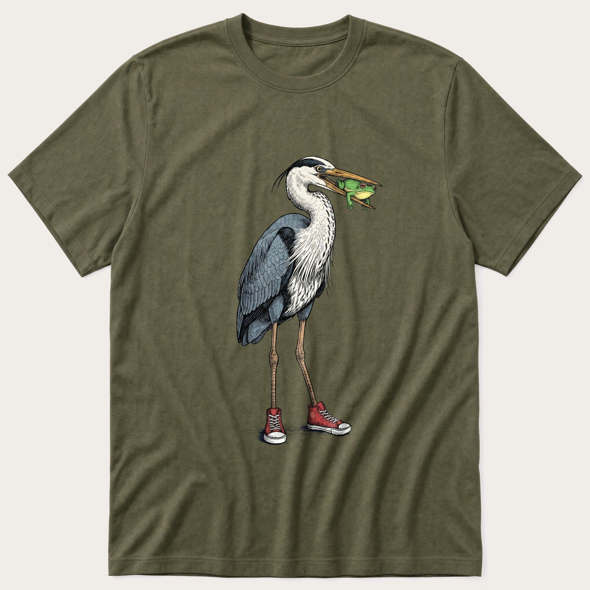 Crane With Frog 5 — Olive T-Shirt