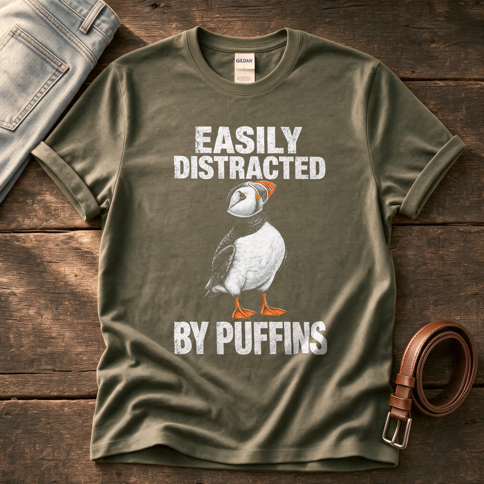 Distracted By Puffins — Olive Comfort Colors tee