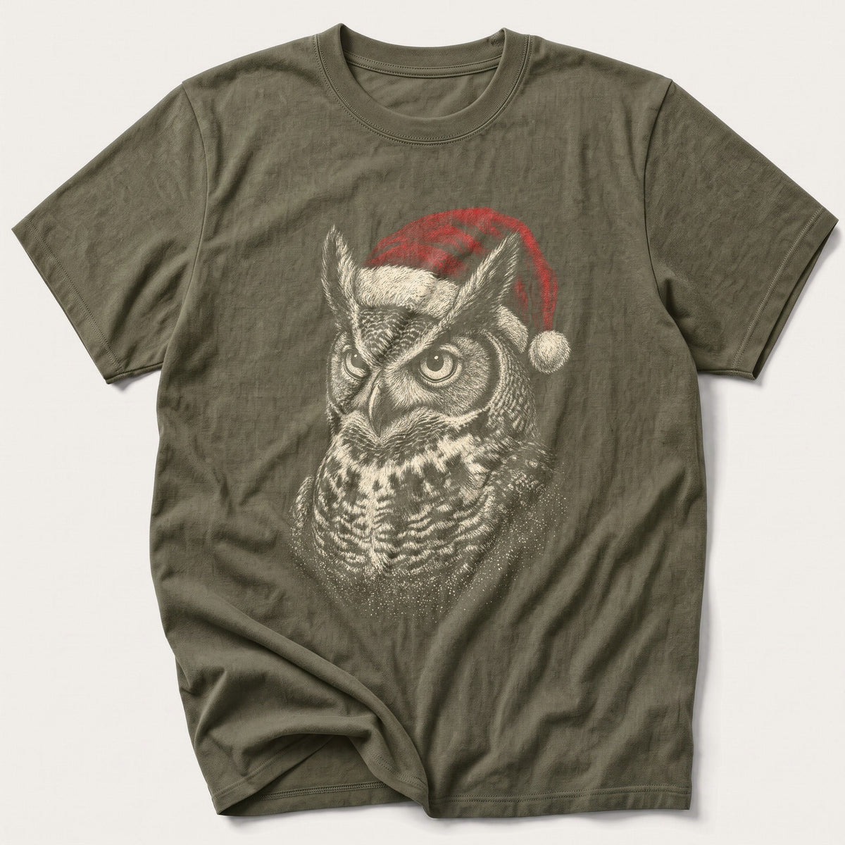 Etched Santa Owl — Olive T-Shirt