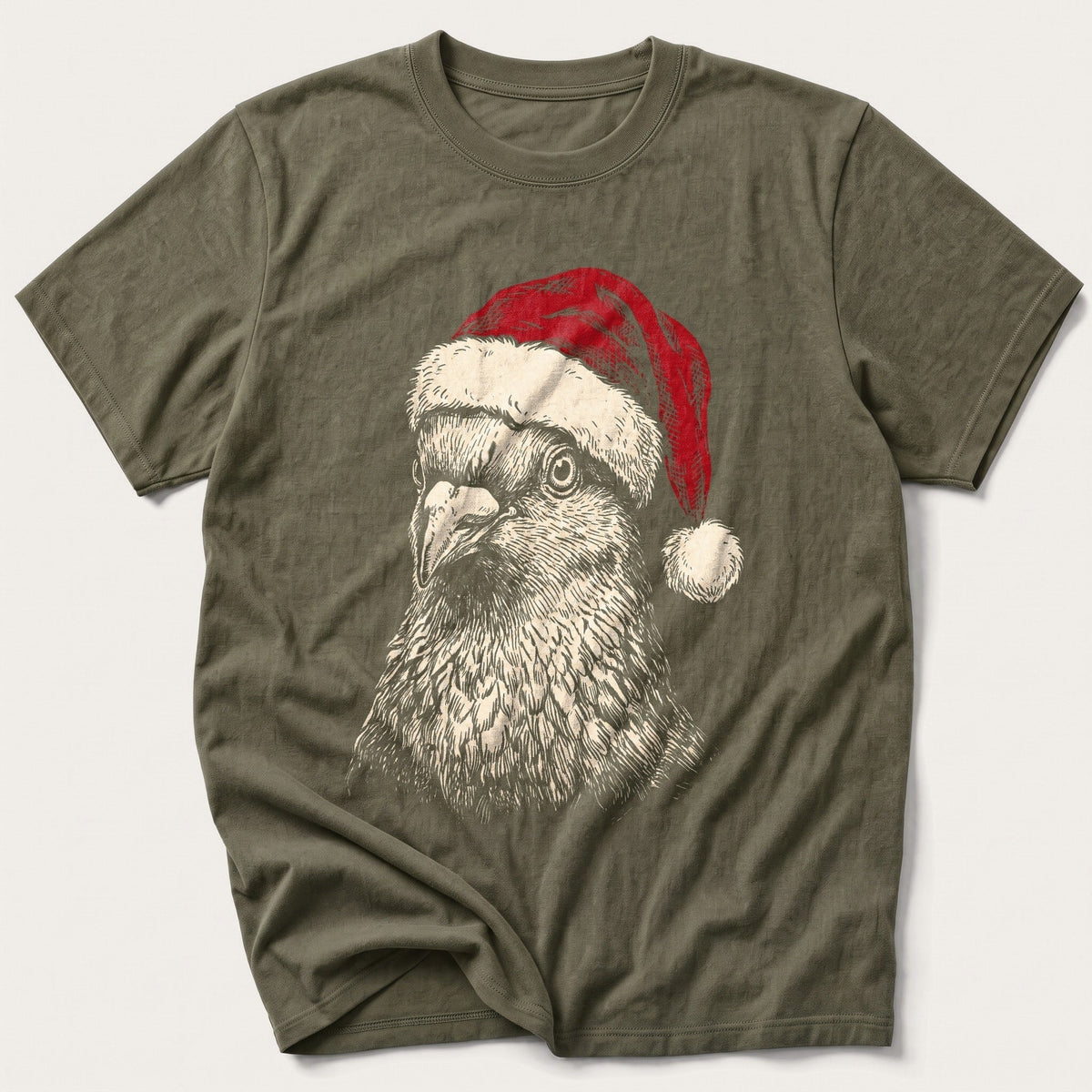 Etched Santa Pigeon Portrait — Olive T-Shirt