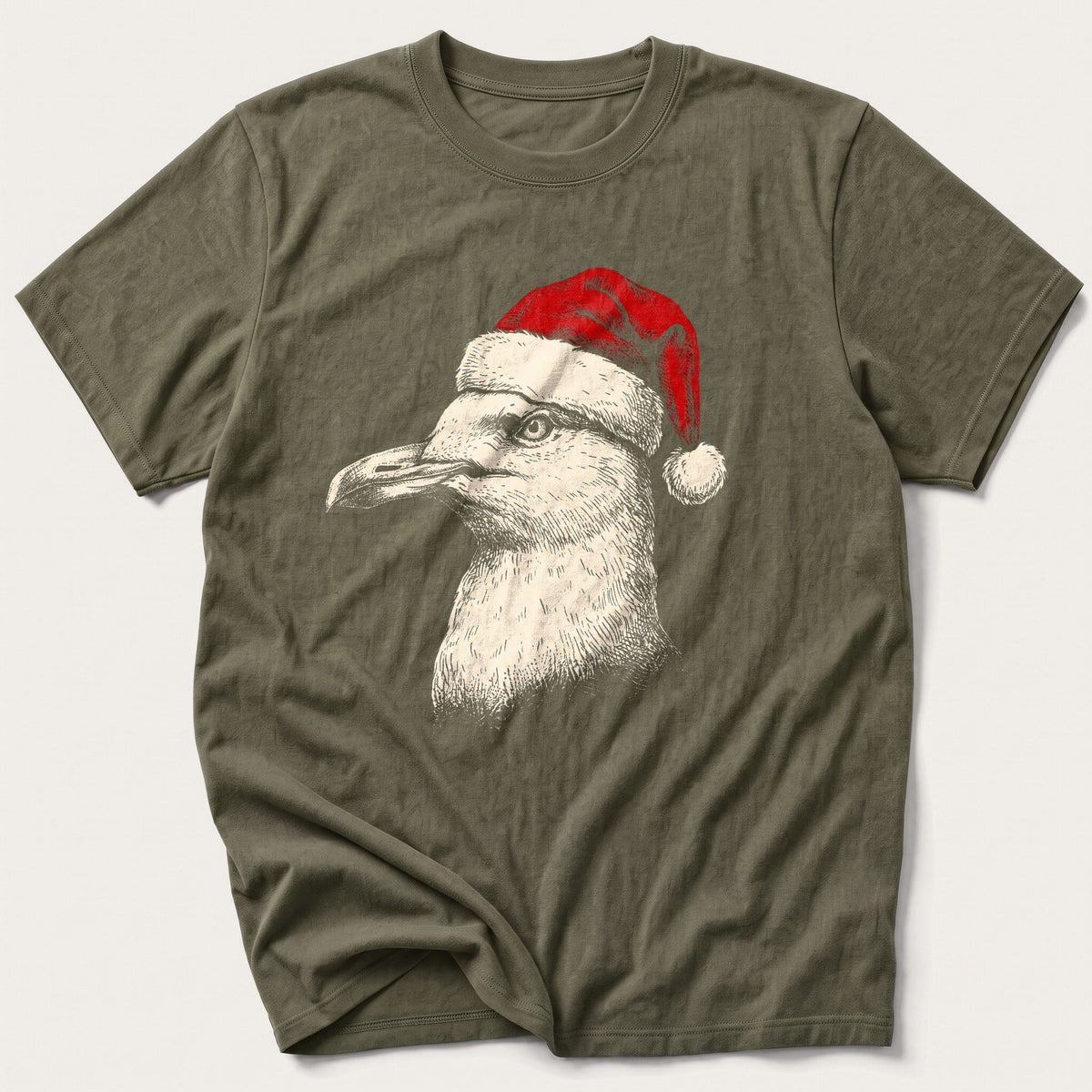 Etched Santa Seagull — Olive T-Shirt