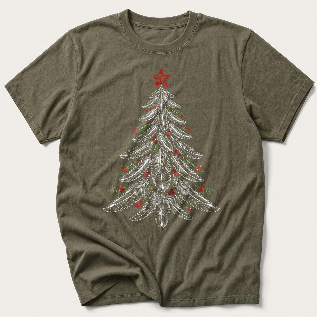 Feather Christmas Tree — Olive T-Shirt