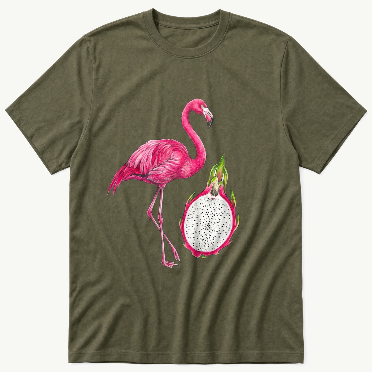 Flamingo Dragon Fruit — Olive T-Shirt