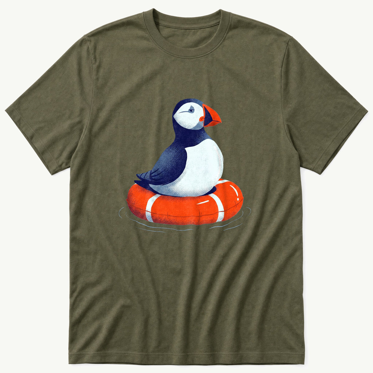 Floaty Puffin — Olive T-Shirt